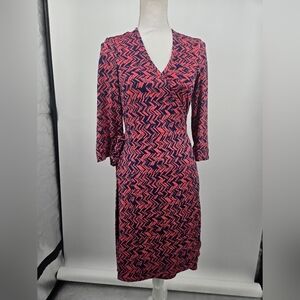 JB by Julie Brown Orange and Navy Zigzag Wrap-Style Midi Dress Medium (6355)